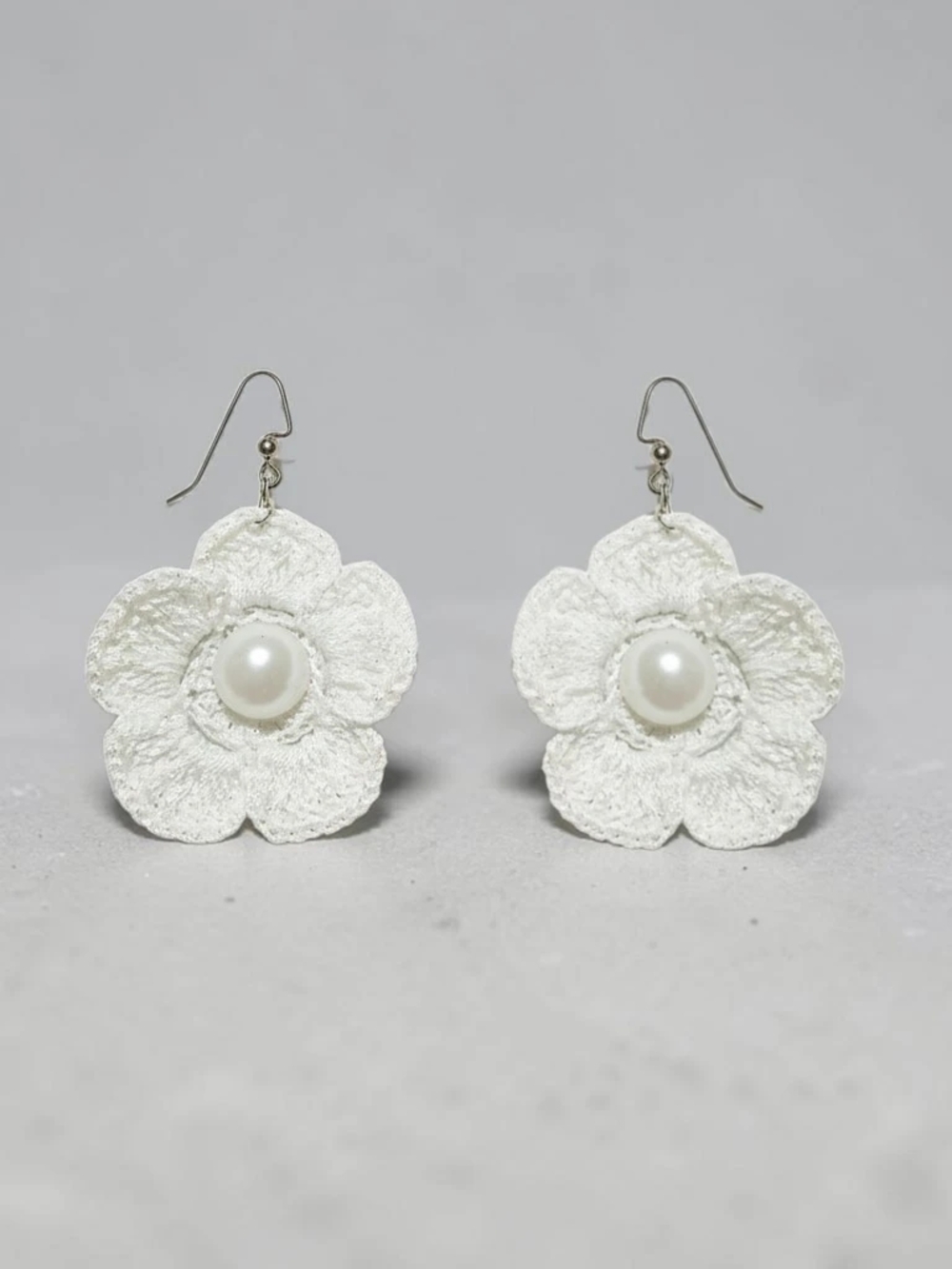 Women's Large Hand Knit Pearl White Floral Coquette Drop Earrings